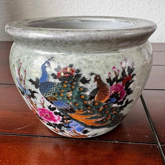 VTG Japanese Fish Bowl Vase Planter Gold Specks Peacocks Flowers Pottery - Picture 1 of 7